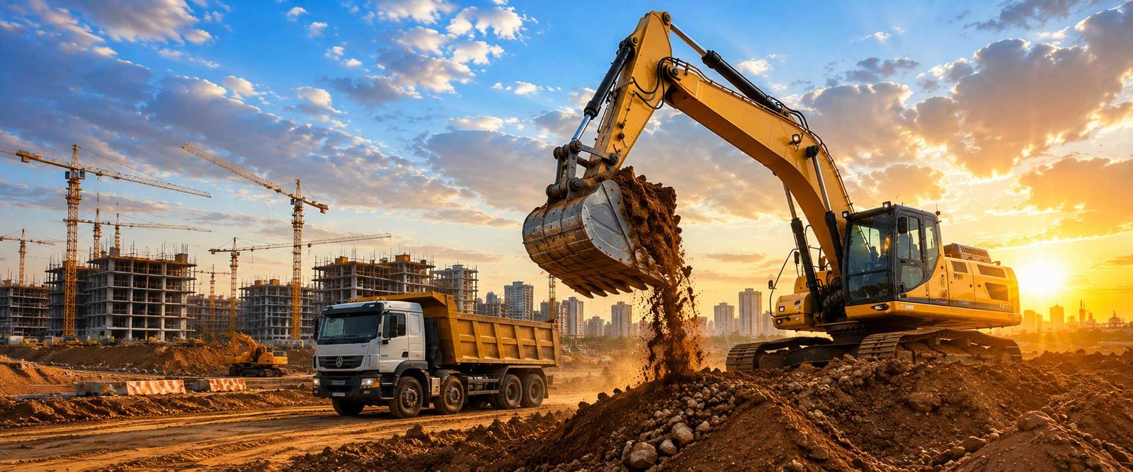 Excavator carrying out earthwork at an MSH Blue Metals project site in Chennai